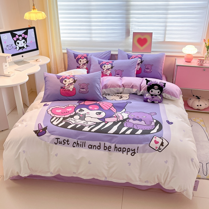 91家纺网 家纺一手货源 找家纺 金爱家 2024新款大阪全棉数码印花三丽鸥系列四件套 贪玩库洛米紫