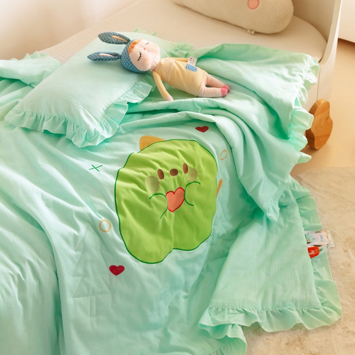 91家纺网 家纺一手货源 找家纺 喜多兔儿童家纺 2024新款小轻柔纱布纯棉双层纱空调被 绿色Q恐龙