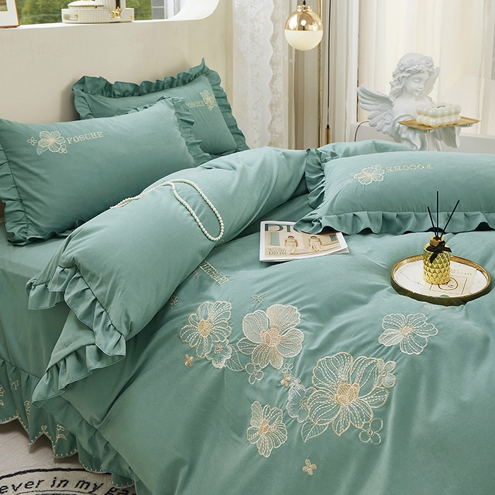 91家纺网 家纺一手货源 找家纺 苏木年华 2024新款春光里系列韩版荷叶边刺绣加大床单四件套 翡翠绿