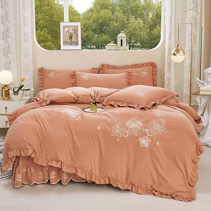 91家纺网 家纺一手货源 找家纺 苏木年华 2024新款春光里系列韩版荷叶边刺绣加大床单四件套 活力橘