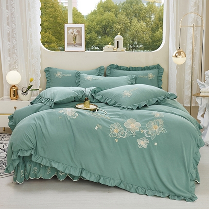 苏木年华 2024新款春光里系列韩版荷叶边刺绣加大床单四件套 翡翠绿