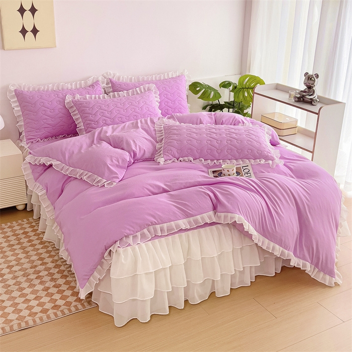 91家纺网 家纺一手货源 找家纺 屹成 2024新款水洗棉雪纺丽莎款单床裙 粉红