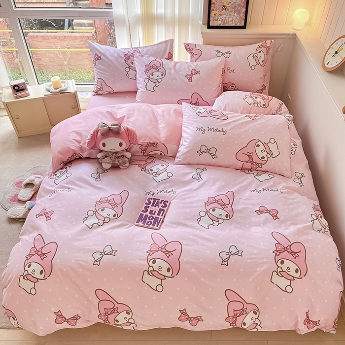 91家纺网 家纺一手货源 找家纺 顾里2024新款40支活性印花13372喷气全棉三丽鸥系列四件套 波点美乐蒂