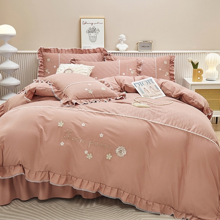 苏木年华 2024新款夏沫花语系列韩版荷叶边刺绣花边加大床单四件套 西柚红