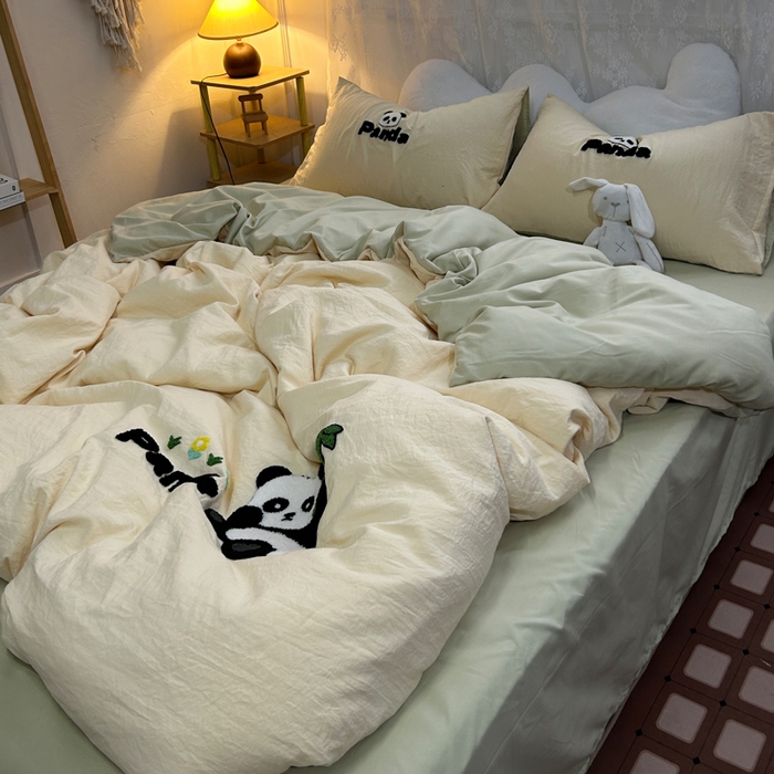 91家纺网 家纺一手货源 找家纺 优迈 2024新款直播热款超柔磨毛水洗棉毛巾绣四件套系列 熊猫