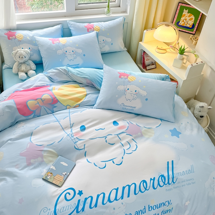 91家纺网 家纺一手货源 找家纺 金爱家 2024新款大阪全棉数码印花三丽鸥系列四件套 气球玉桂狗