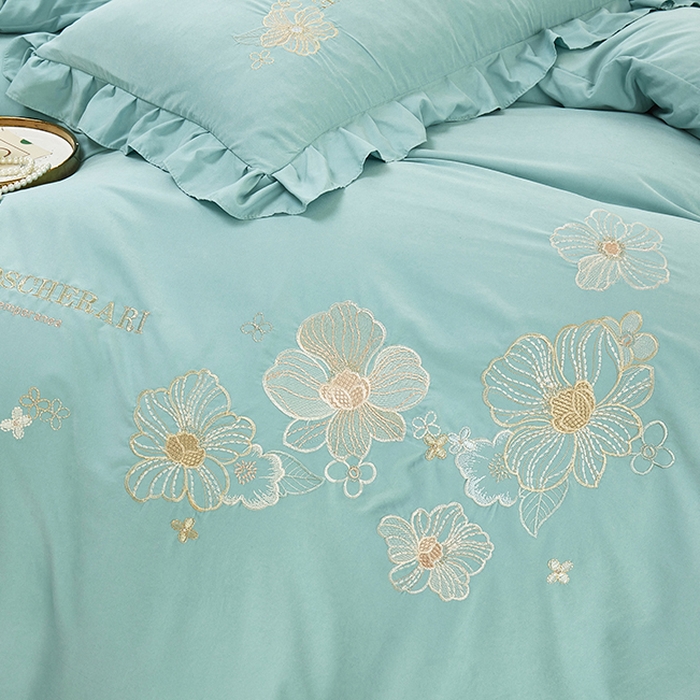 91家纺网 家纺一手货源 找家纺 苏木年华 2024新款春光里系列韩版荷叶边刺绣加大床单四件套 春湖绿