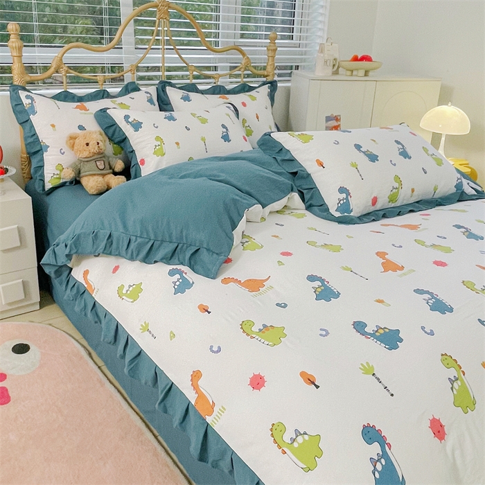 91家纺网 家纺一手货源 找家纺 漫仙阁 2024新款5A双层纱抗菌除螨四件套 韩版-看恐龙