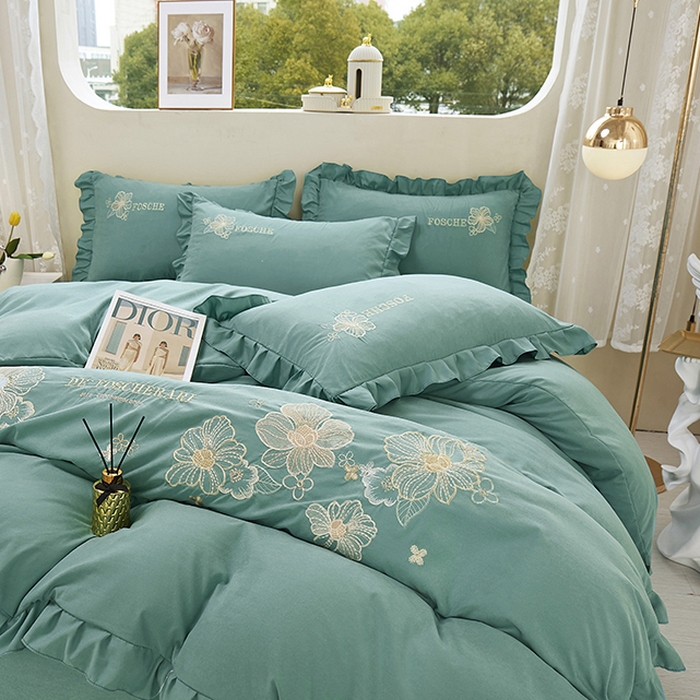 91家纺网 家纺一手货源 找家纺 苏木年华 2024新款春光里系列韩版荷叶边刺绣加大床单四件套 翡翠绿