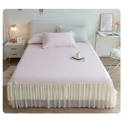 91家纺网 家纺一手货源 找家纺 青雅席业 2025新款蕾丝花边床单款凉豆豆快速冰感凉席三件套 豆豆粉