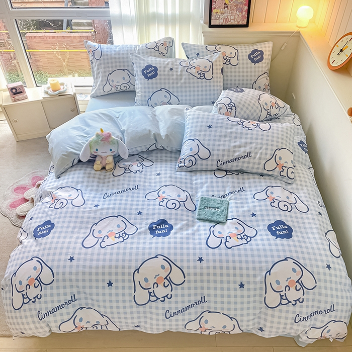 91家纺网 家纺一手货源 找家纺 顾里2024新款40支活性印花13372喷气全棉三丽鸥系列四件套 蓝格玉桂兔