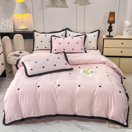 艾米家居 2025新款水洗真丝四件套爱心款 黑色爱心款-粉色