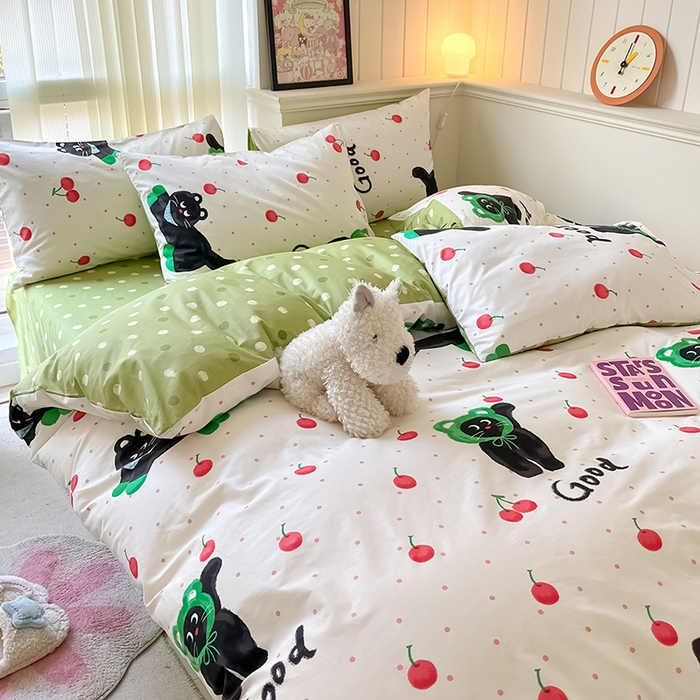 91家纺网 家纺一手货源 找家纺 顾里2024新款40支13372全棉四件套-韩风系列 樱桃黑猫