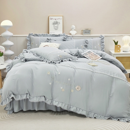 苏木年华 2024新款夏沫花语系列韩版荷叶边刺绣花边加大床单四件套 高级灰
