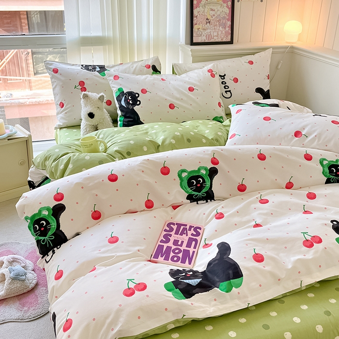 91家纺网 家纺一手货源 找家纺 顾里2024新款40支13372全棉四件套-韩风系列 樱桃黑猫