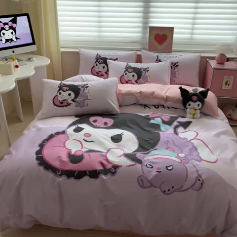 91家纺网 家纺一手货源 找家纺 金爱家 2024新款大阪全棉数码印花三丽鸥系列四件套 萌萌库洛米