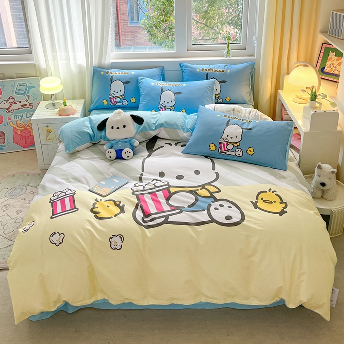 91家纺网 家纺一手货源 找家纺 金爱家 2024新款大阪全棉数码印花三丽鸥系列四件套 爆米花帕哈狗