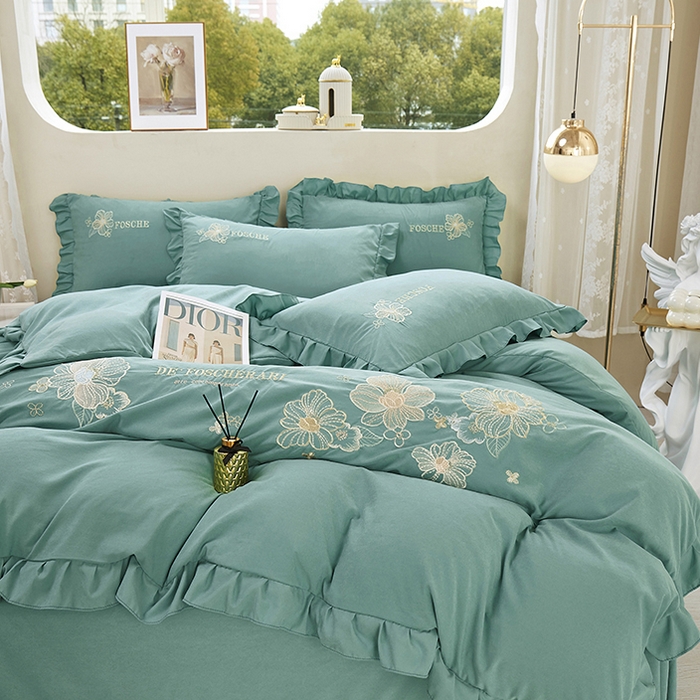 91家纺网 家纺一手货源 找家纺 苏木年华 2024新款春光里系列韩版荷叶边刺绣加大床单四件套 翡翠绿