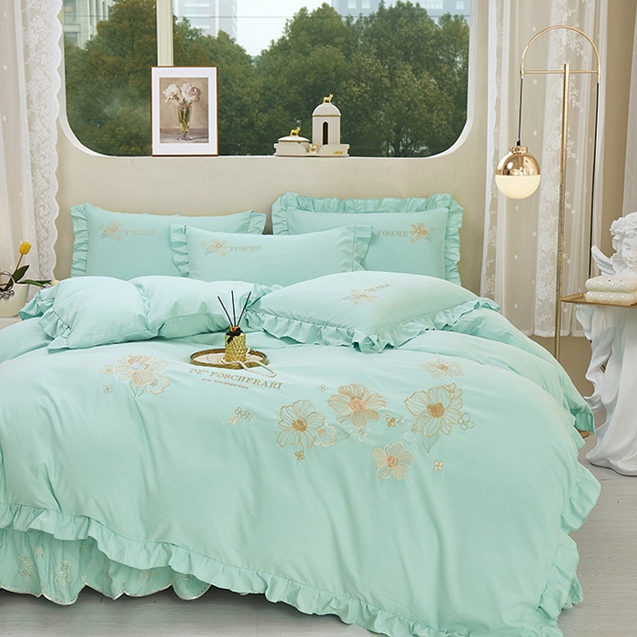 91家纺网 家纺一手货源 找家纺 苏木年华 2024新款春光里系列韩版荷叶边刺绣加大床单四件套 青春绿
