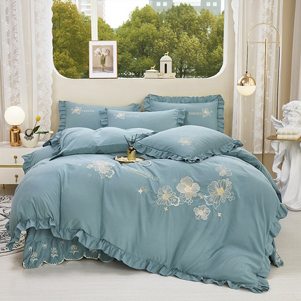 苏木年华 2024新款春光里系列韩版荷叶边刺绣加大床单四件套 贵族蓝