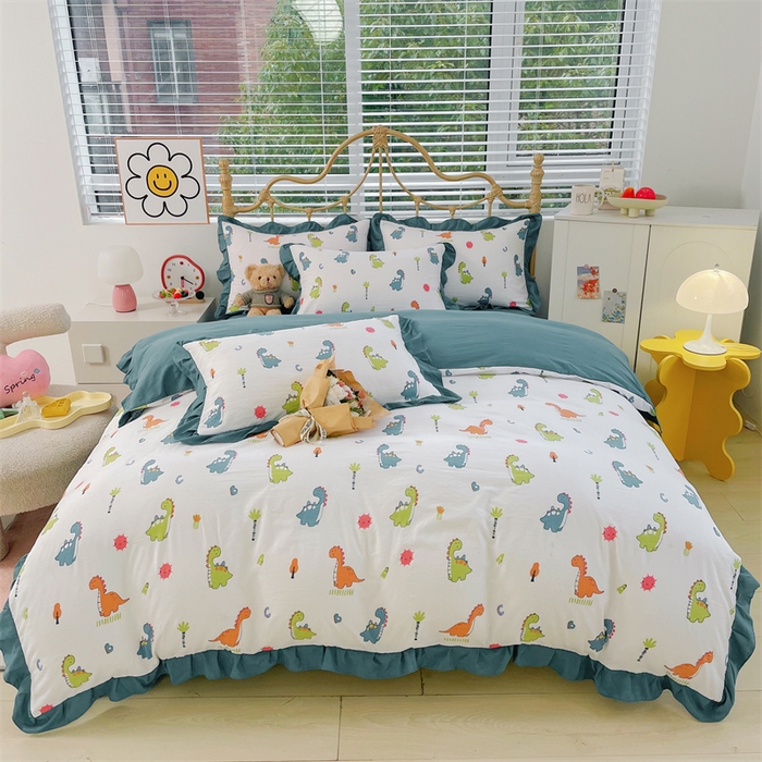 91家纺网 家纺一手货源 找家纺 漫仙阁 2024新款5A双层纱抗菌除螨四件套 韩版-看恐龙