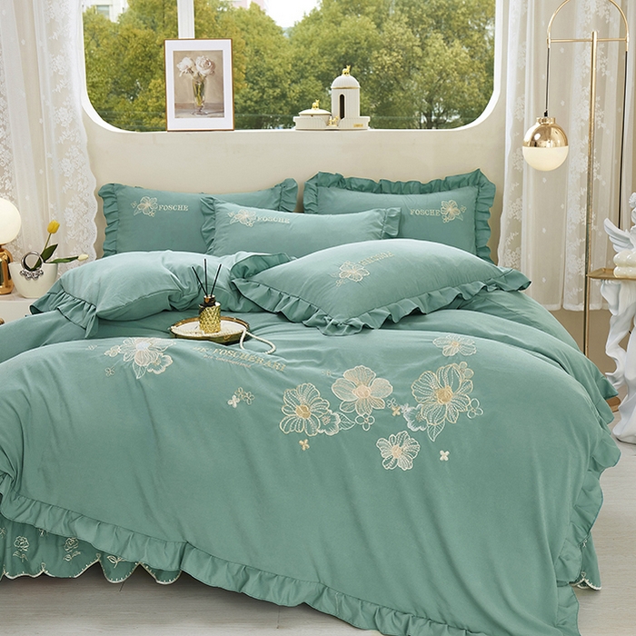 91家纺网 家纺一手货源 找家纺 苏木年华 2024新款春光里系列韩版荷叶边刺绣加大床单四件套 翡翠绿