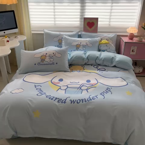 91家纺网 家纺一手货源 找家纺 金爱家 2024新款大阪全棉数码印花三丽鸥系列四件套 汽水玉桂狗