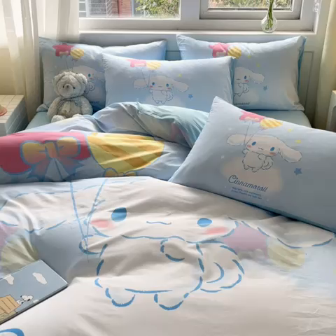 91家纺网 家纺一手货源 找家纺 金爱家 2024新款大阪全棉数码印花三丽鸥系列四件套 气球玉桂狗