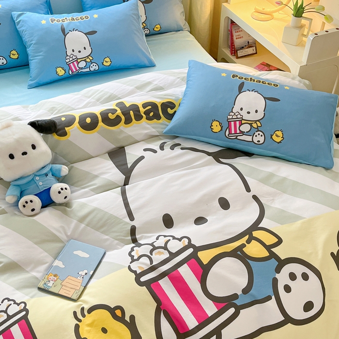 91家纺网 家纺一手货源 找家纺 金爱家 2024新款大阪全棉数码印花三丽鸥系列四件套 爆米花帕哈狗