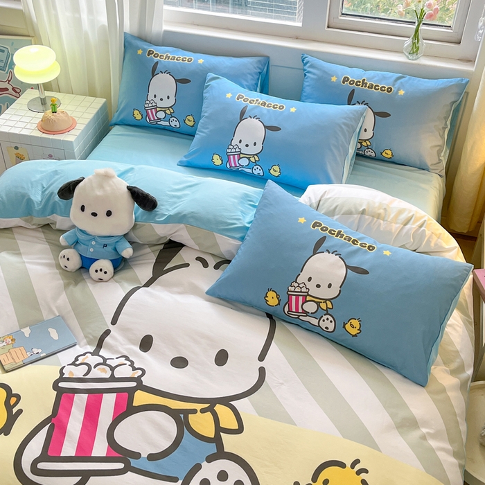 91家纺网 家纺一手货源 找家纺 金爱家 2024新款大阪全棉数码印花三丽鸥系列四件套 爆米花帕哈狗