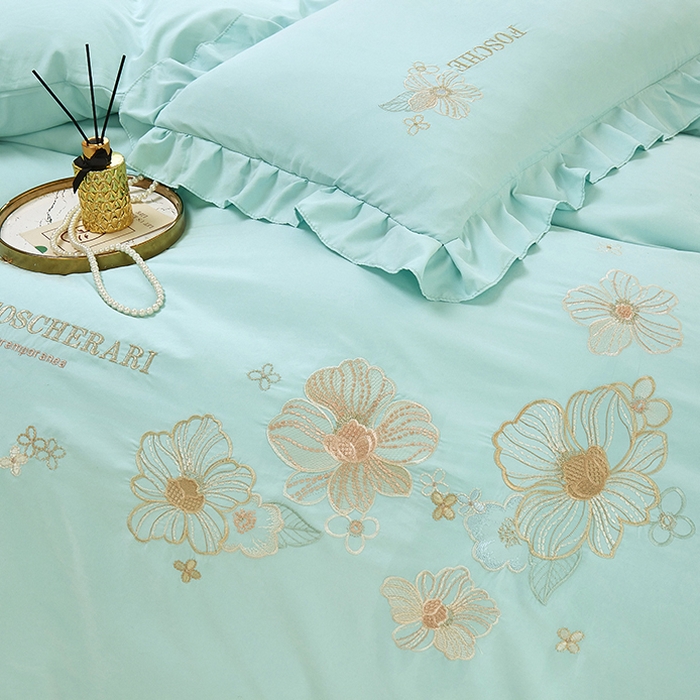 91家纺网 家纺一手货源 找家纺 苏木年华 2024新款春光里系列韩版荷叶边刺绣加大床单四件套 青春绿