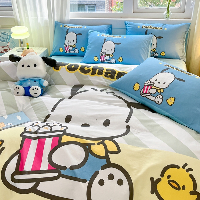 91家纺网 家纺一手货源 找家纺 金爱家 2024新款大阪全棉数码印花三丽鸥系列四件套 爆米花帕哈狗