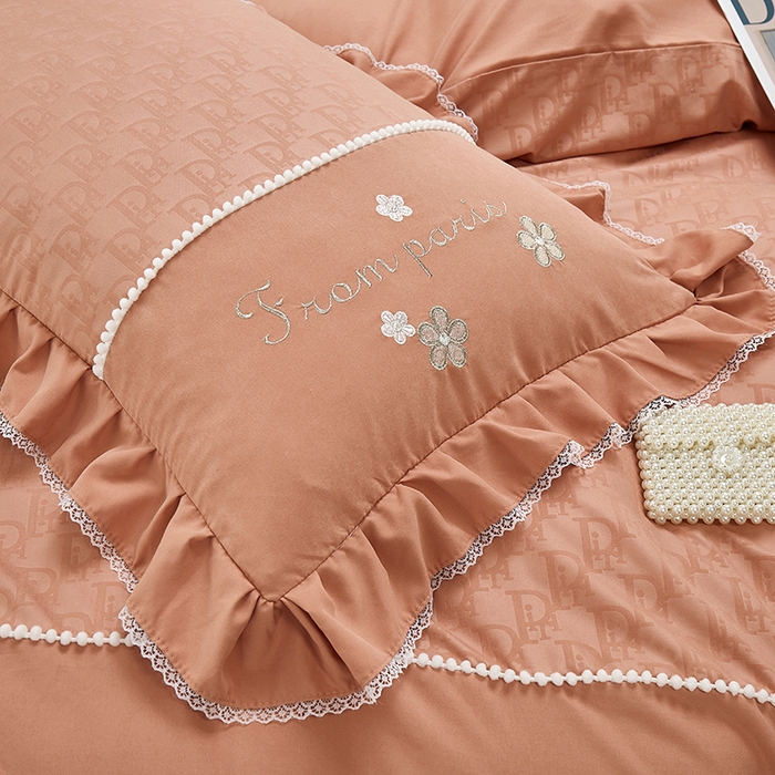 91家纺网 家纺一手货源 找家纺 苏木年华 2024新款夏沫花语系列韩版荷叶边刺绣花边加大床单四件套 活力橘