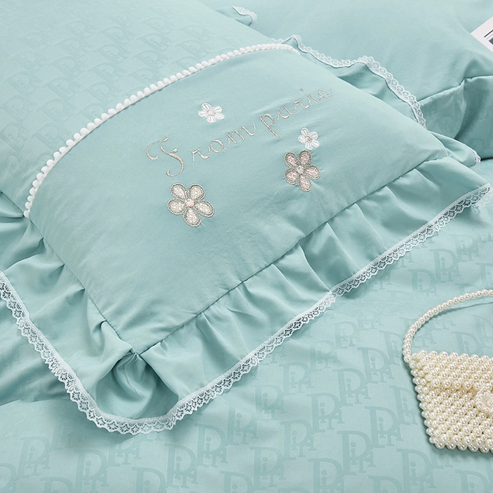 91家纺网 家纺一手货源 找家纺 苏木年华 2024新款夏沫花语系列韩版荷叶边刺绣花边加大床单四件套 春湖绿