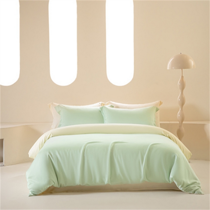 91家纺网 家纺一手货源 找家纺 涵宸 2024新款兰精天丝棉纯色四件套 四件套-柠檬绿+象牙白