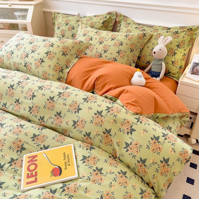 91家纺网 家纺一手货源 找家纺 宝士康家纺 2024新款水洗棉麻双层纱四件套系列  花漫