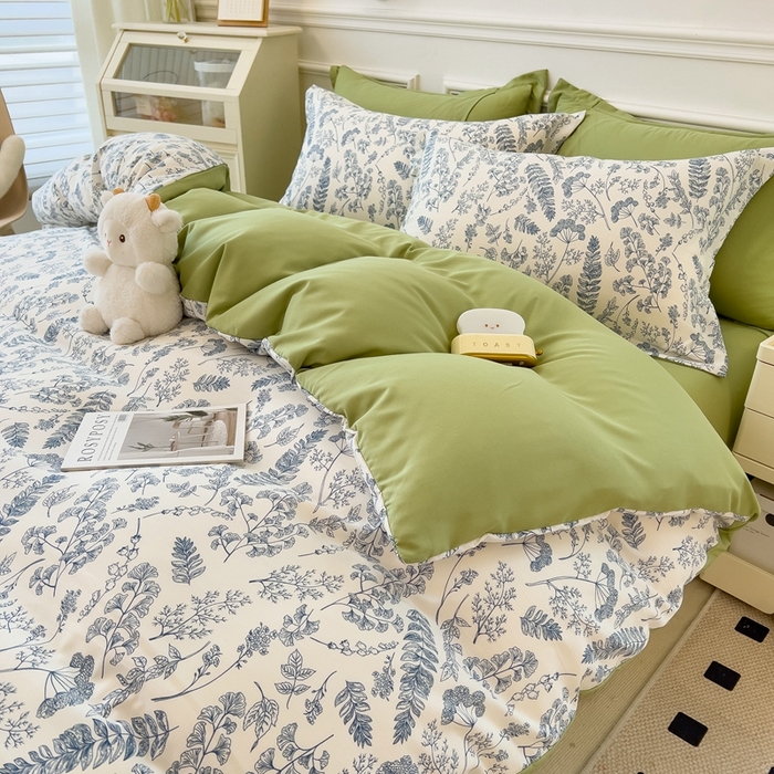 91家纺网 家纺一手货源 找家纺 宝士康家纺 2024新款水洗棉麻双层纱四件套系列  含羞草