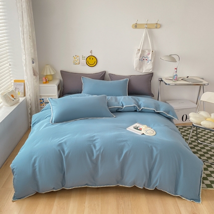 91家纺网 家纺一手货源 找家纺 （总）莱茵2024新款A类全棉纯棉40s色织水洗棉条纹贝壳边日系四件套