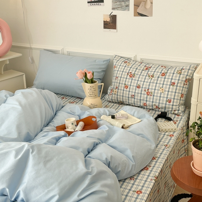 91家纺网 家纺一手货源 找家纺 昔可家纺 2024新款韩式混搭系列四件套 中古奶蓝