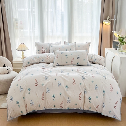 91家纺网 家纺一手货源 找家纺 （总）洁柔供应链 2024新款印花水洗双层纱贝壳绣四件套    直播爆款