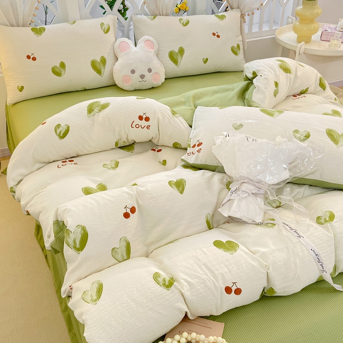 91家纺网 家纺一手货源 找家纺 牛牛家纺 牛牛  2024新款泡泡棉小清新四件套(1) 绿色爱心