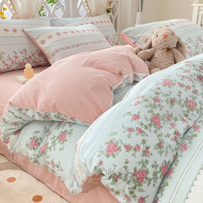 91家纺网 家纺一手货源 找家纺 牛牛家纺 牛牛  2024新款泡泡棉小清新四件套(1) 野玫瑰