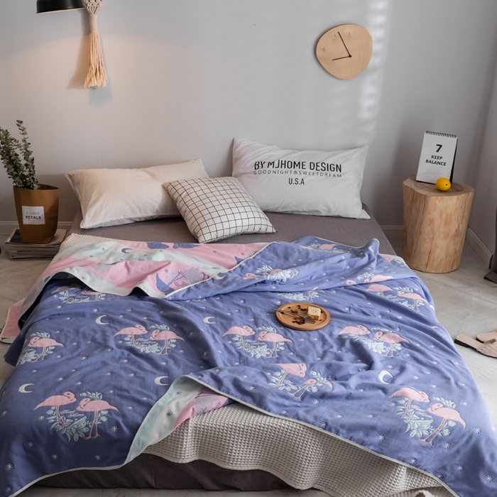 91家纺网 家纺一手货源 找家纺 朴尔2024经典六层纱布全棉毛巾被系列-朴尔经典款常年备货 呦呦鸟蓝