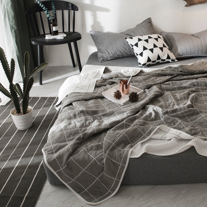 91家纺网 家纺一手货源 找家纺 朴尔 2024全尺寸经典六层纱布全棉毛巾被系列-朴尔经典款常年备货 时尚虚线-灰色