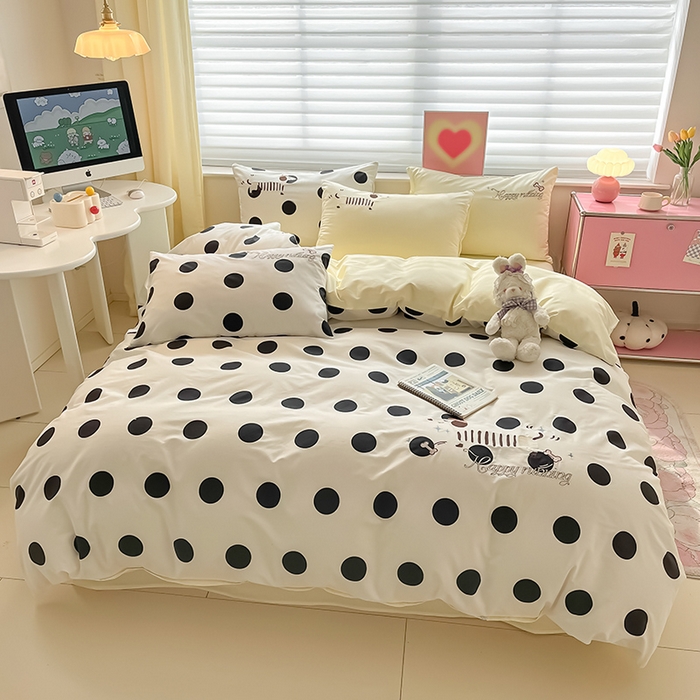 91家纺网 家纺一手货源 找家纺 2024蜜柚新品直播电商全棉13372ins博主风刺绣四件套 波点狗狗