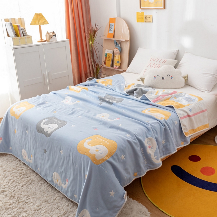 91家纺网 家纺一手货源 找家纺 朴尔家纺-毛巾被 2024新款卡漫风格全棉六层纱毛巾被 长鼻象-兰