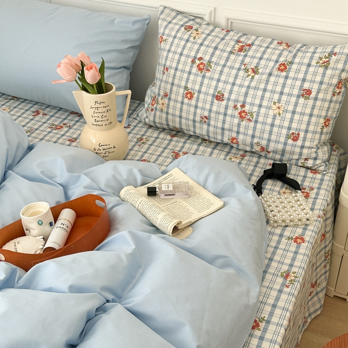 91家纺网 家纺一手货源 找家纺 昔可家纺 2024新款韩式混搭系列四件套 中古奶蓝