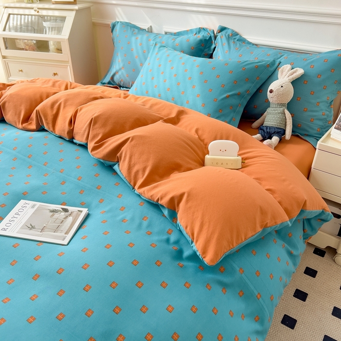 91家纺网 家纺一手货源 找家纺 宝士康家纺 2024新款水洗棉麻双层纱四件套系列  朴素蓝