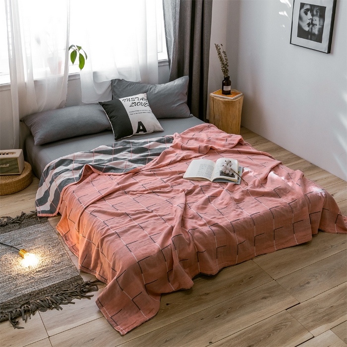 91家纺网 家纺一手货源 找家纺 朴尔家纺-毛巾被 2024新款三层水洗棉全棉纱布毛巾被 简约线条-粉