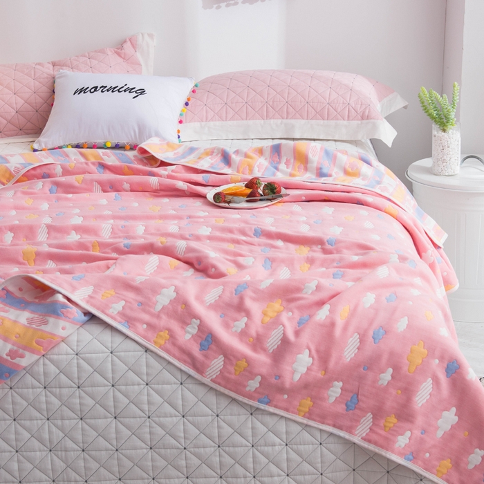 91家纺网 家纺一手货源 找家纺 朴尔 2024全尺寸经典六层纱布全棉毛巾被系列-朴尔经典款常年备货 彩云-粉